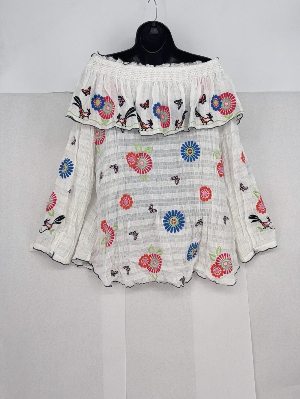 John Mark White Embroidered Blouse Bright Star Butterflies Birds size XL - Picture 4 of 6